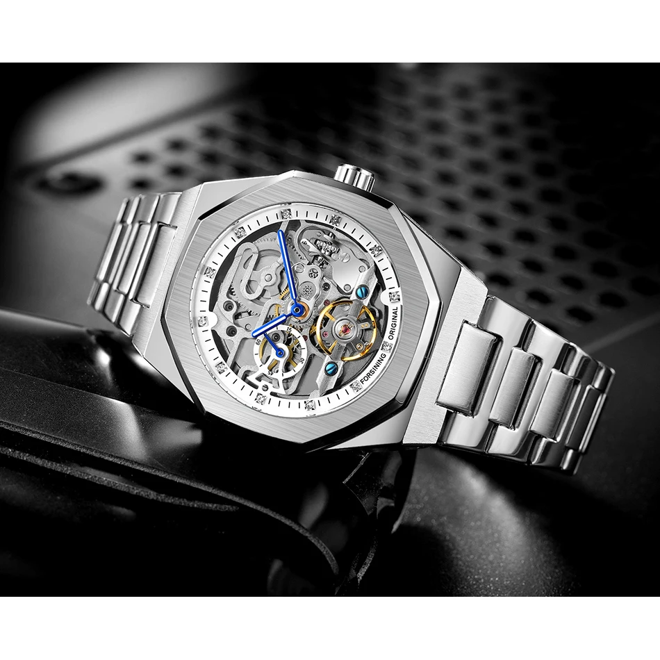 Forsining Fashion Silver Mens Watches Top Brand Luxury Automatic Mechanical Stainless Steel Fashion Business Skeleton Wristwatch