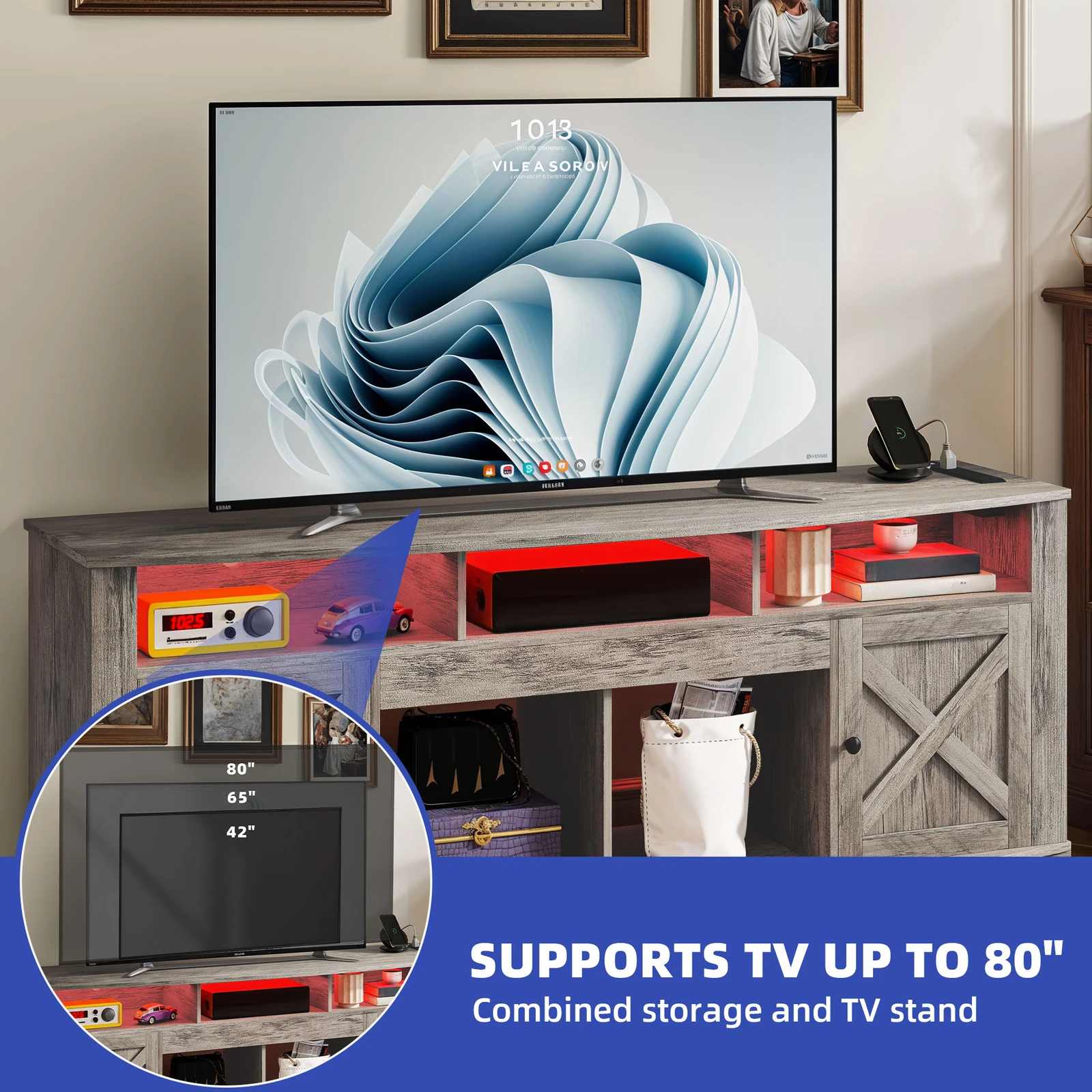

TV Stand Console for 32 to 80 in TV With Open Shelves Power Outlets Cabinet