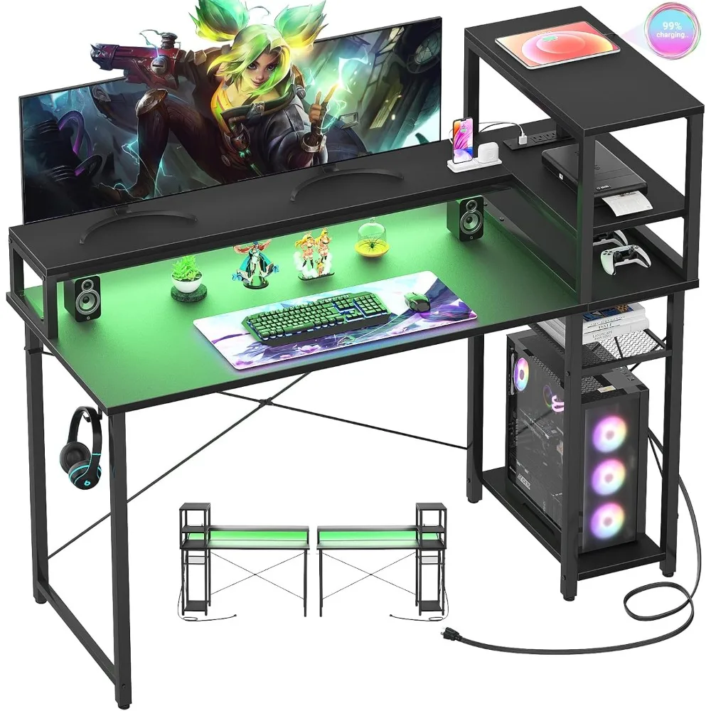 

Gaming Desk 47", Computer Desk with Reversible Storage Shelves, Home Office Desk with Power Outlets & RGB Led Lights