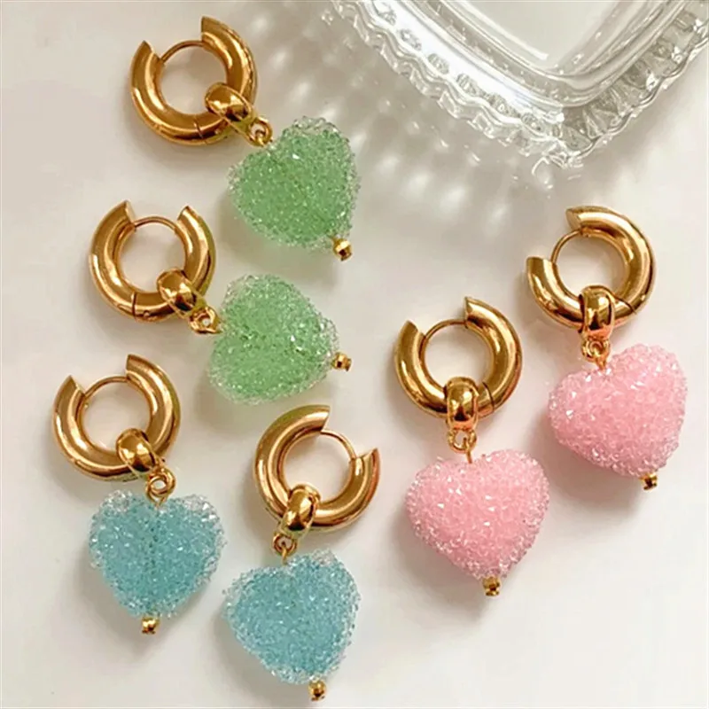 

Colorful Crystal Heart Drop Earrings for Women Girl Fashion Sweet Cute Stainless Steel Hoop Earrings Romantic Jewelry Gifts