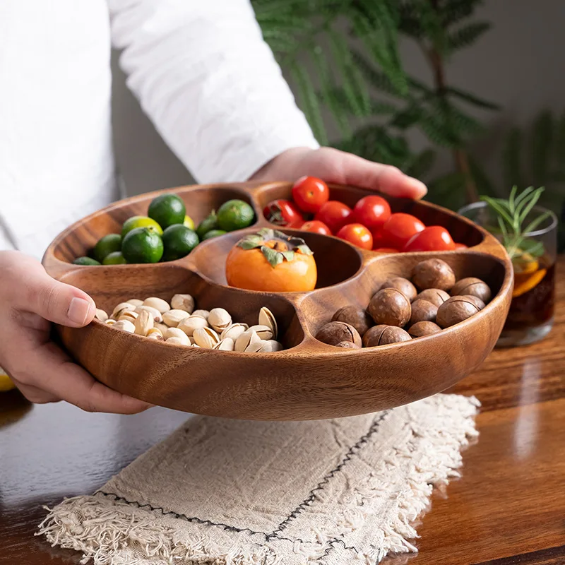 Solid Wood Serving Tray For Home Use Tea Nuts Fruits Plate High-Value Grid Dish