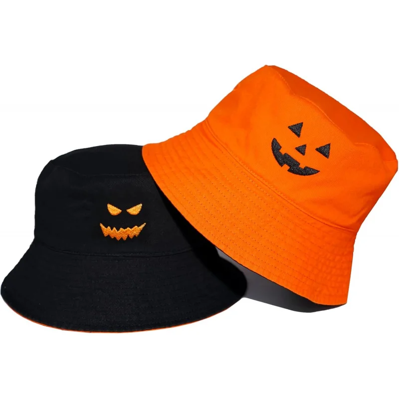 Halloween Pumpkin Bucket Hat for Women and Men- Reversible Sun hat with Jack O' Lantern Face on Front & Back