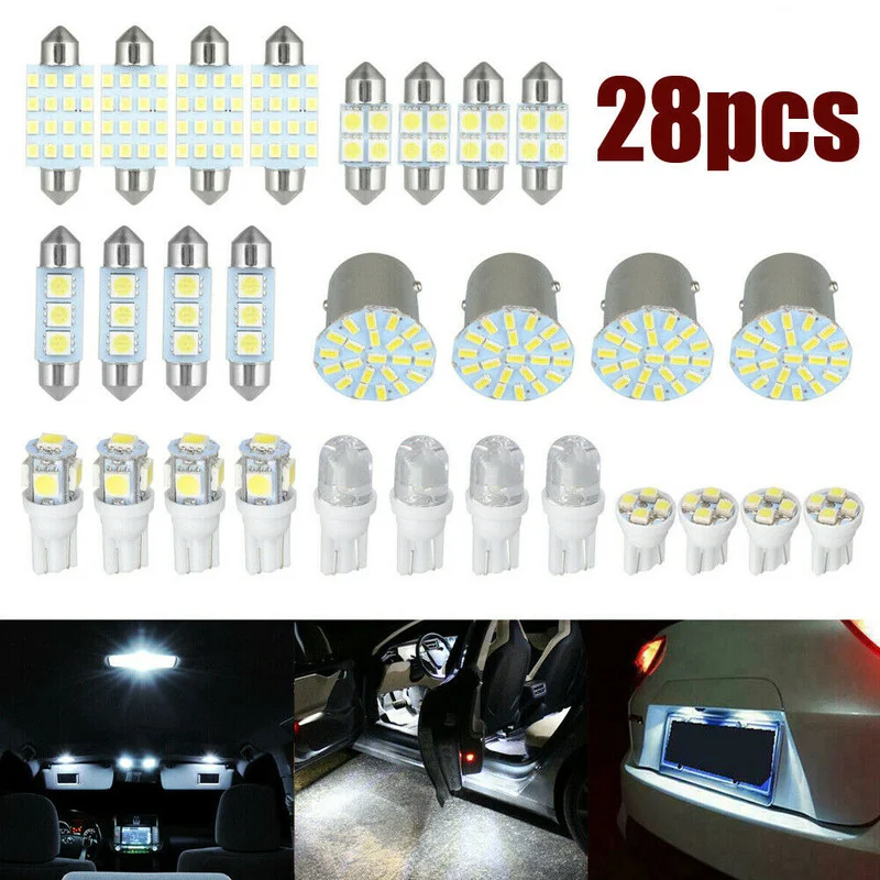 28Pcs White LED Lamp Interior Light Package Kit Car Auto Interior Map Dome License Plate Replacement White Lamp Accessories