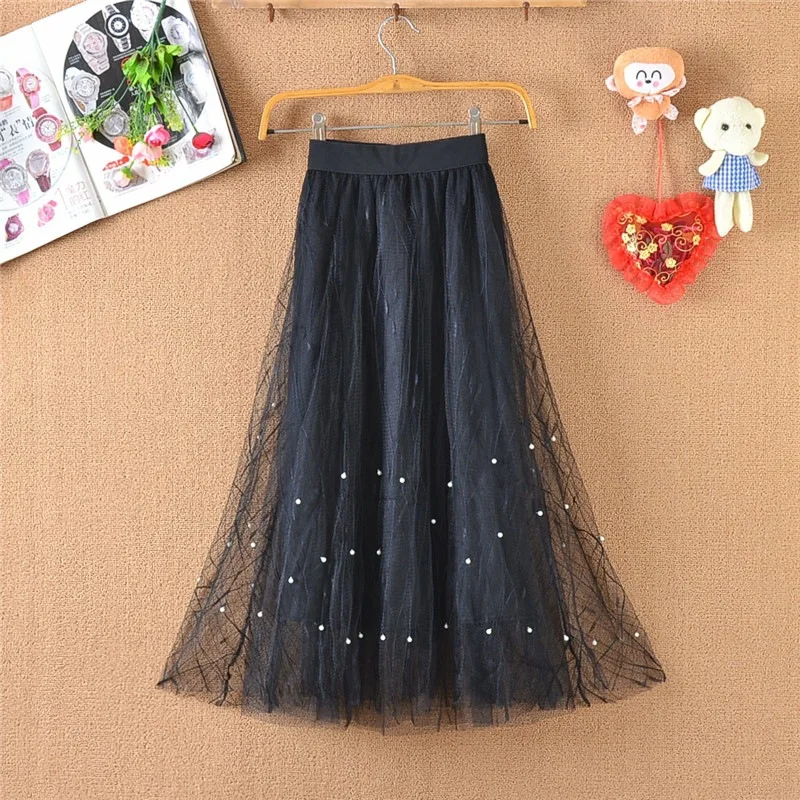 

Summer Elastic High Waist Mesh Skirt Ladies Temperament All-Match Fairy Midi Long A Line Skirts Women