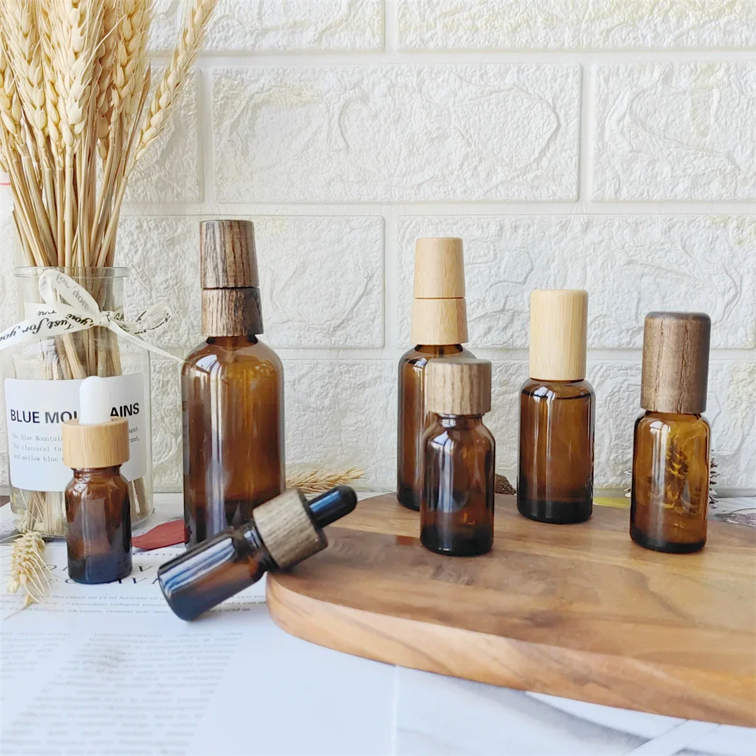 

Luxury Frosted Amber Perfume Atomizer Spray Bottle with Bamboo Lid Refillable Empty Lotion Essence Emulsion Travel Bottles Set