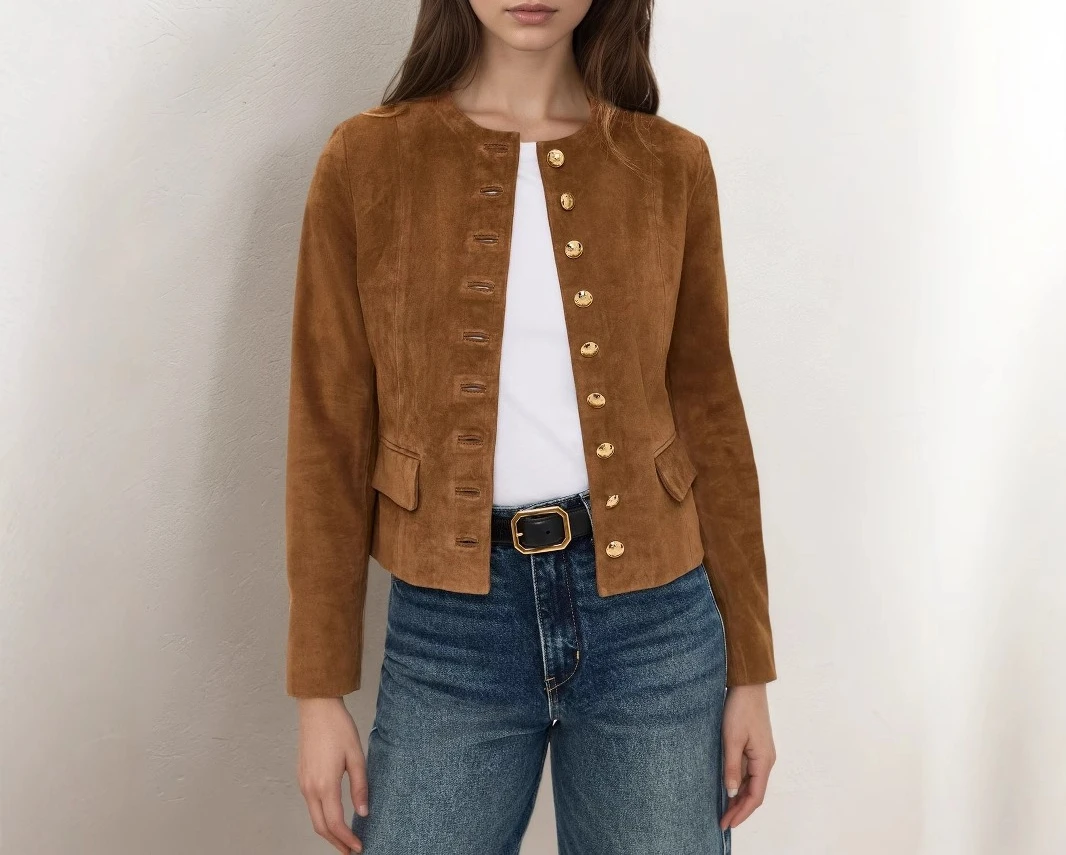 

Fashionable Classic Metal Single-breasted Short Versatile New Suede Air Layer Top Short Coat Autumn Style