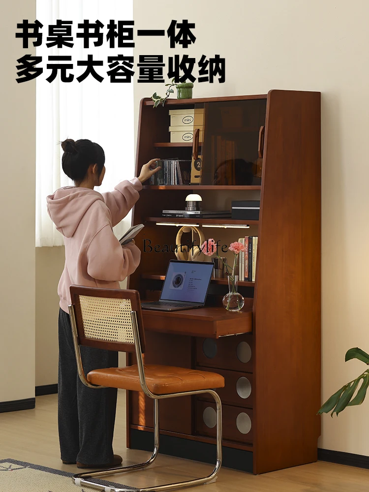 

01Medieval folding retractable desk bookcase integrated small apartment household retractable computer desk