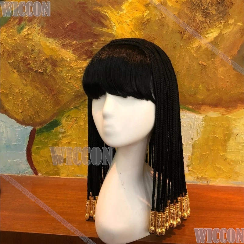 Cleopatra Movie Cosplay Prop Black Wig Woman Queen Full Black Braids Beaded Annual Bar Show Halloween Party Roleplay Accessory