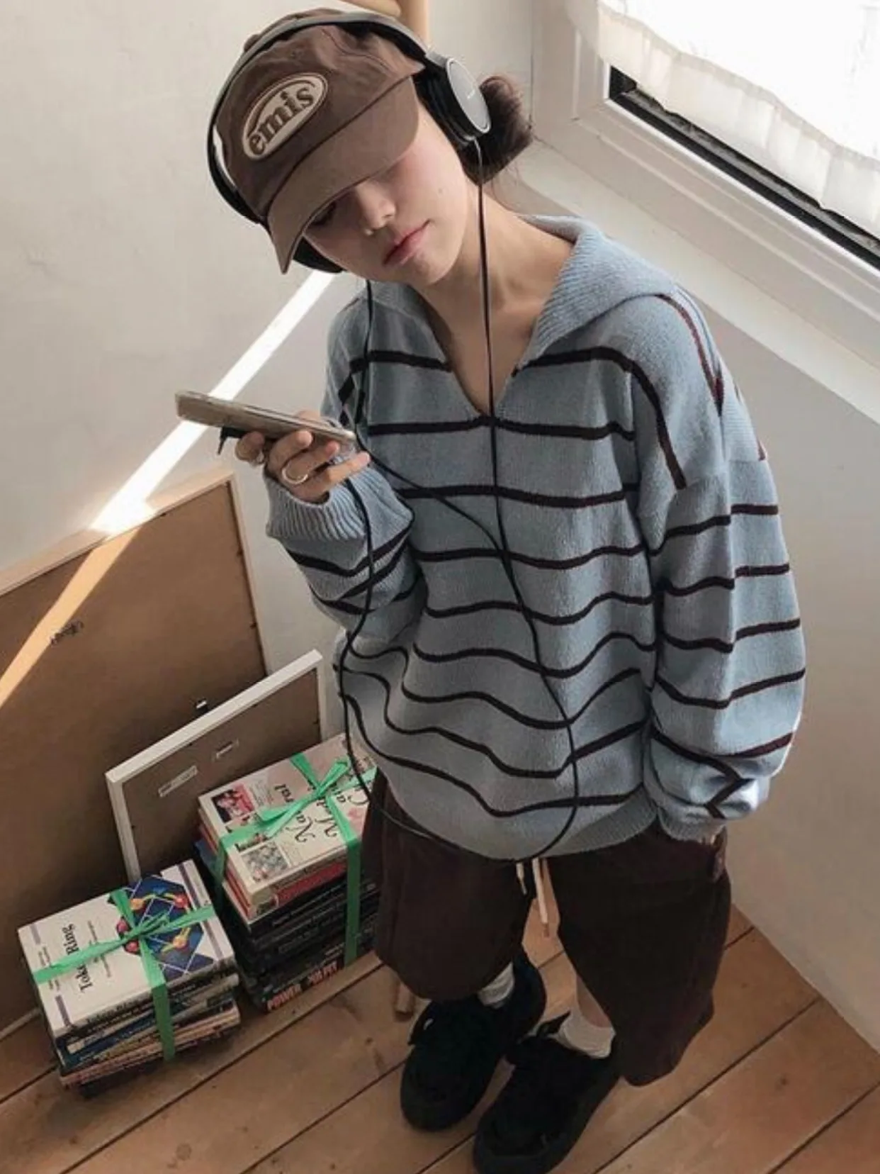 

Retro Preppy Striped Knit Top Women's Loose Long Sve Thin Collared Lazy irt Spring Autumn New Sle Polyester Fiber 00%