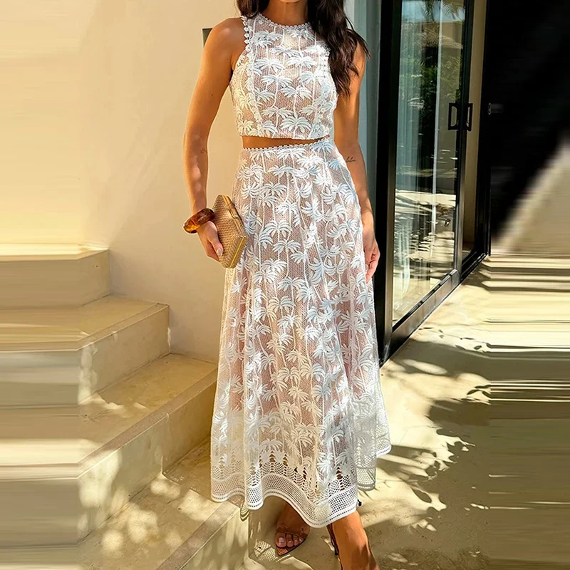 Women 2025 Solid Embroidery Two Piece Dresses Suit Lace Vacation Outfit Summer Fashion O-Neck Sleeveless Tops&Long Skirts Set - AliExpress 200000345 Women 2025 Solid Embroidery Two Piece Dresses Suit Lace Vacation Outfit Summer Fashion O-Neck Sleeveless Tops&Long Skirts Set - AliExpress 200000345