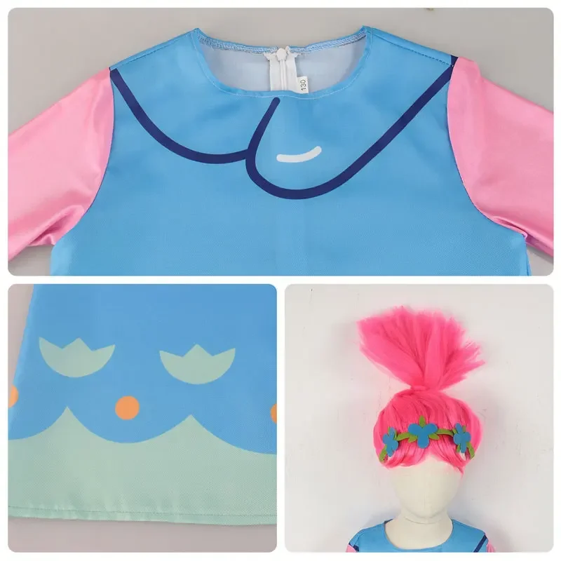 Disfraz de Trolls para niñas, vestidos de princesa de dibujos animados con peluca, manga larga, corte en A, ropa bonita para niñas