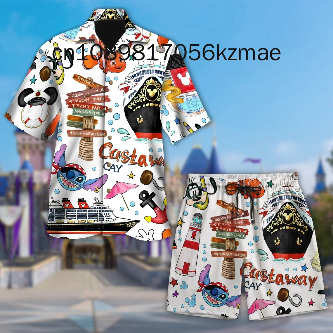 

Mickey mouse cruzeiro pirata havaí praia camisa shorts conjunto casual praia férias manga curta conjunto disney praia retro botã