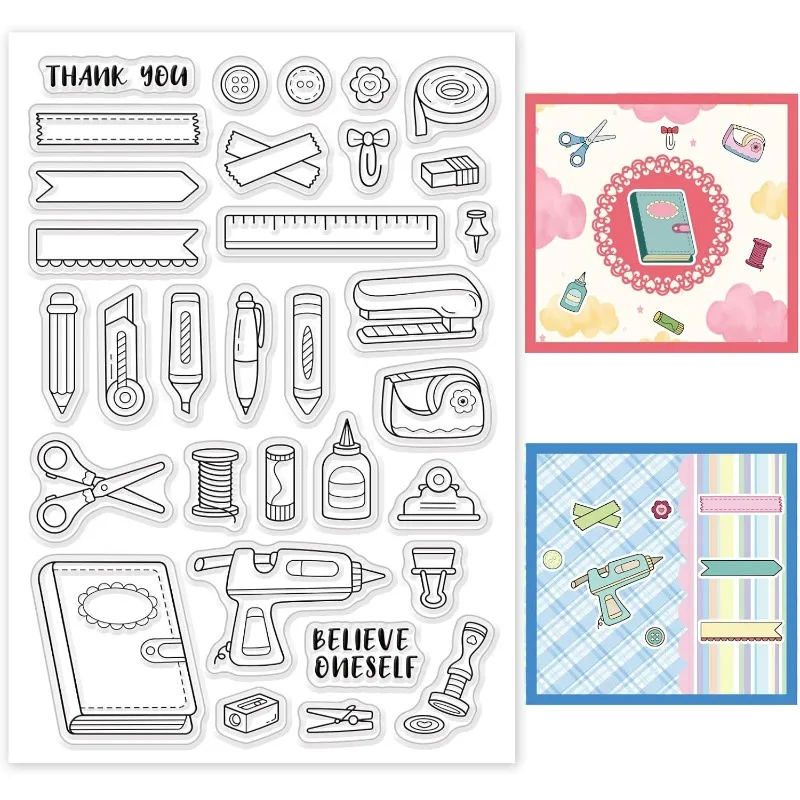 1PC Stationery Clear Stamps, Book Ruler Pen Stapler Transparent Silicone Stamps for Card Making Decoration and DIY Scrapbooking