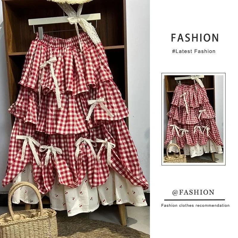 أحمر أزرق طويل القوس الحلو مطبوعة منقوشة التنانير Y2k ملابس عصرية الكورية خمر مطوي تنورة 2025 ربيع جديد غير رسمي #1