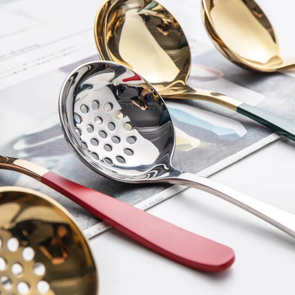 

Multifunction Hot Pot Scoop Stainless Steel Colander Soup Spoon Serving Ladle Strainer Scoop for Home Restaurant (Red)