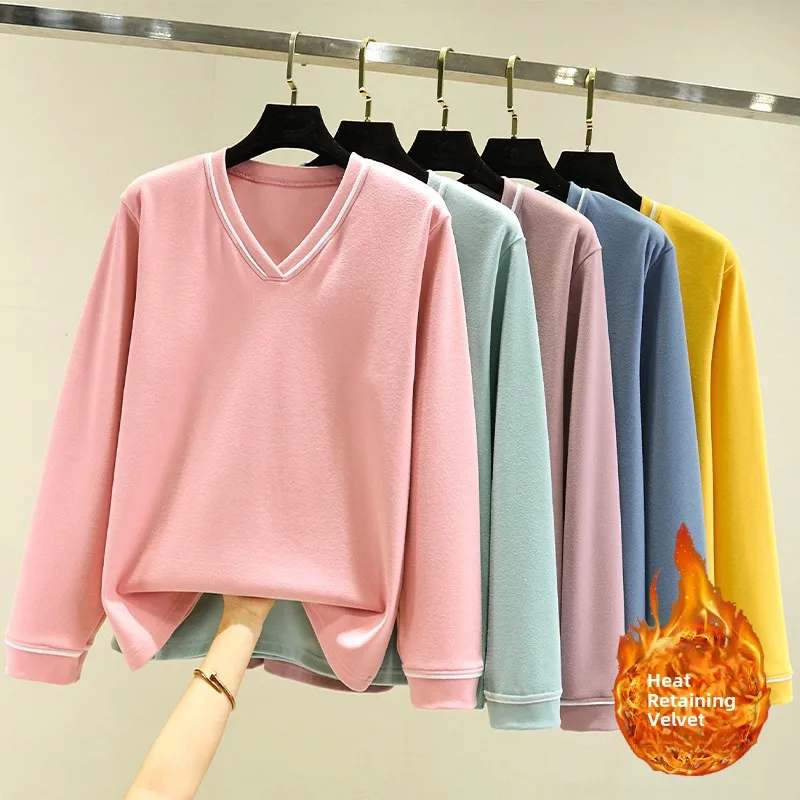 

Warm Fce Lined Cotton V-Ne T-irt Women's Loose Fit Casual Long Sve Top for Winter Comfortable Spwear Versatile