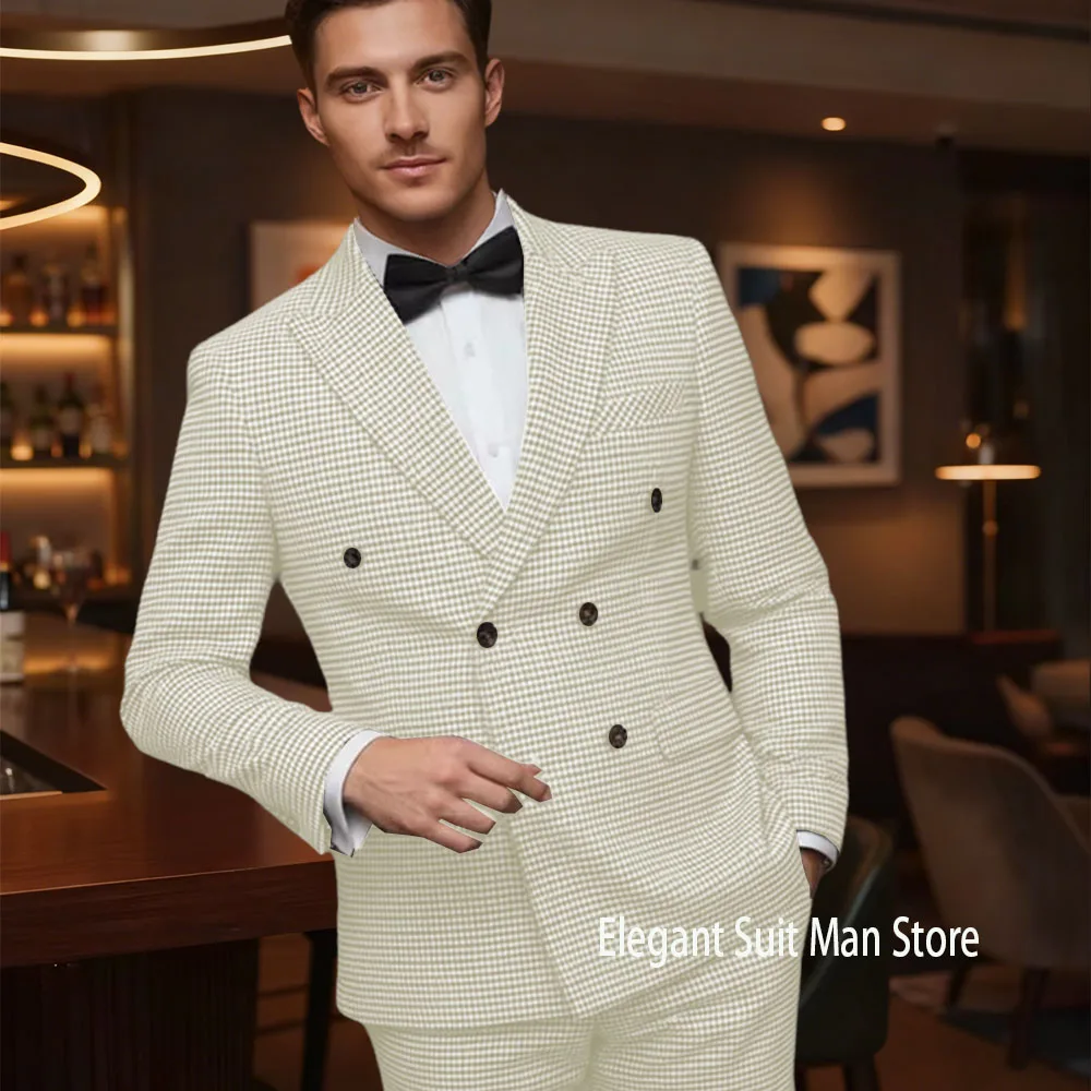 

Men's beige suit 2pc set Suit Jacket Suit Pants Man Plaid suit set for Business banquet groom's formal attire Suit Blazer set