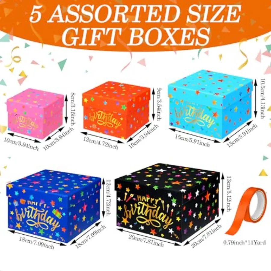 5 Pcs Birthday Gift Boxes Square Nesting Boxes 5 Assorted Sizes