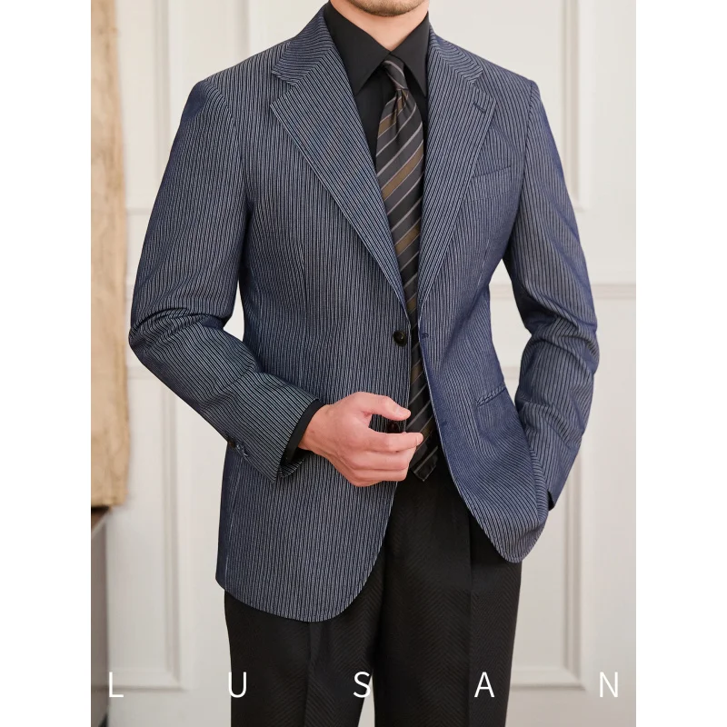 

Mr. Lusan Commuter Denim Color Striped Single Row Suit British Fashion Breathable Slim Fit Casual Suit Jacket Men