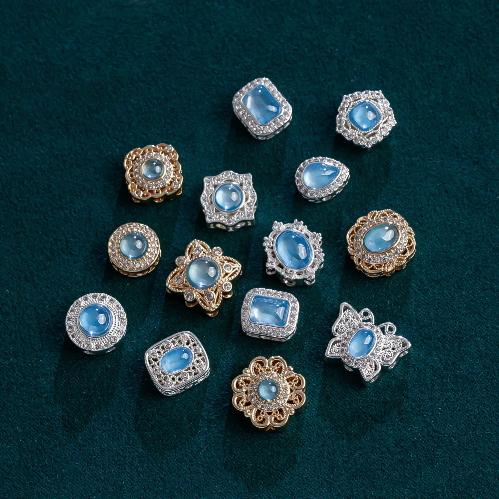 [White K model] Zircon electroplated imitation aquamarine porous copper plated round polygonal bead spacer DIY necklace 2pcs