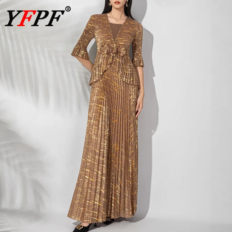 

YFPF Miyake плиссированное длинное платье с золотым тиснением, женское элегантное вечернее платье со складками и оборками, элегантное платье 2026, новая одежда