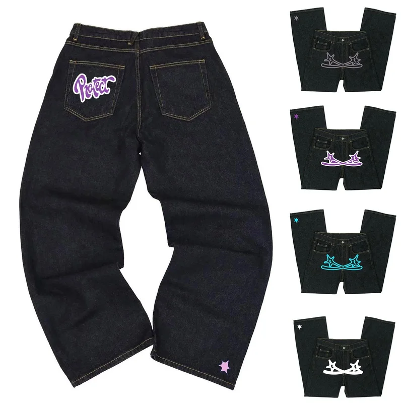 

Street Sle Printed Jeans Men's High Street Casual Straight Leg Wide Leg Pants Loose Fit Long Cotton Denim Jeans