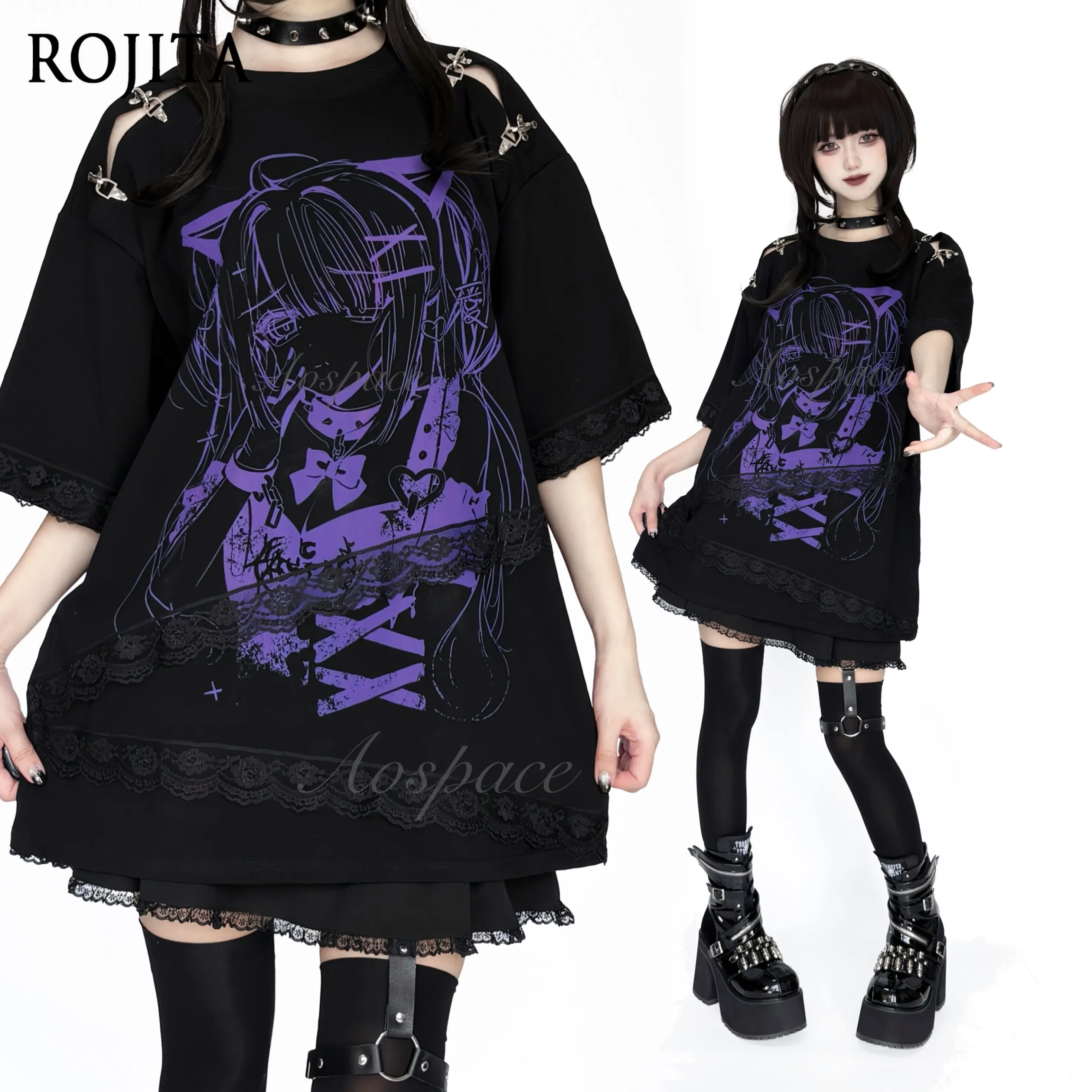 Original Comic Print Tie-dye Lace Decorative Buckle Dark Short-sleeved T-shirt Summer Gothic Vintage Clothes Oversized T Shirt