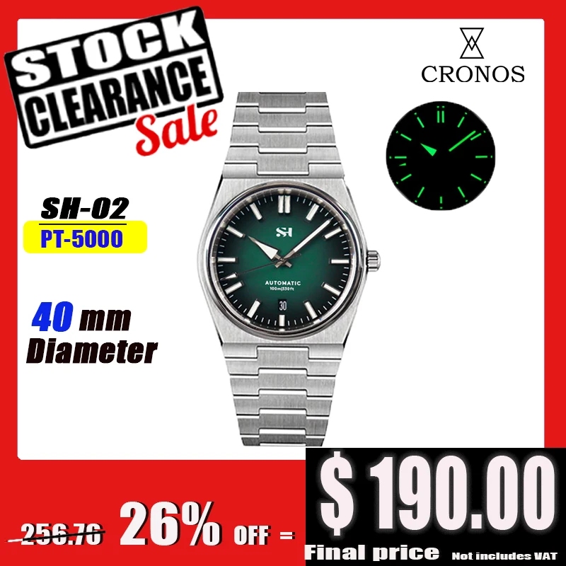

Cronos SH Мужские автоматические дайверские часы из нержавеющей стали PT5000 SW200 Полный матовый браслет Прозрачная задняя часть 10ATM Водонепроницаемые