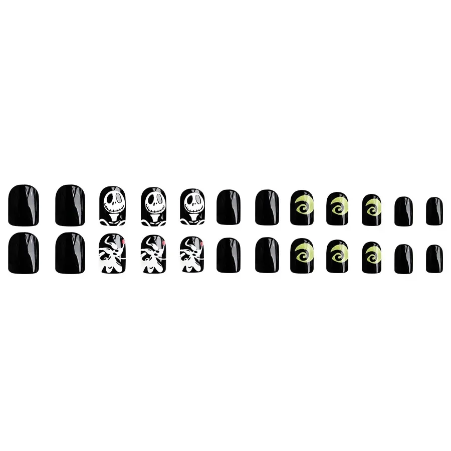 24Pcs Skull Press on Nail Halloween Short Square Cute Naughty Puppy Fake Nails Shiny square Wear Nail for Women&Girl