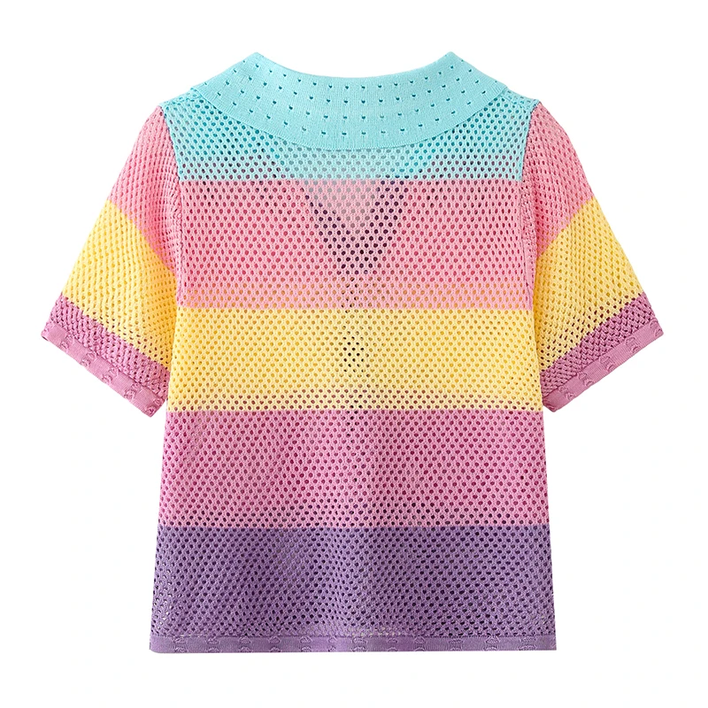 Sweet Knitted Hollow Design ort Sve Women's Striped Slimming Top Dopane Sle Summer New Arrival Casual Commute Wind