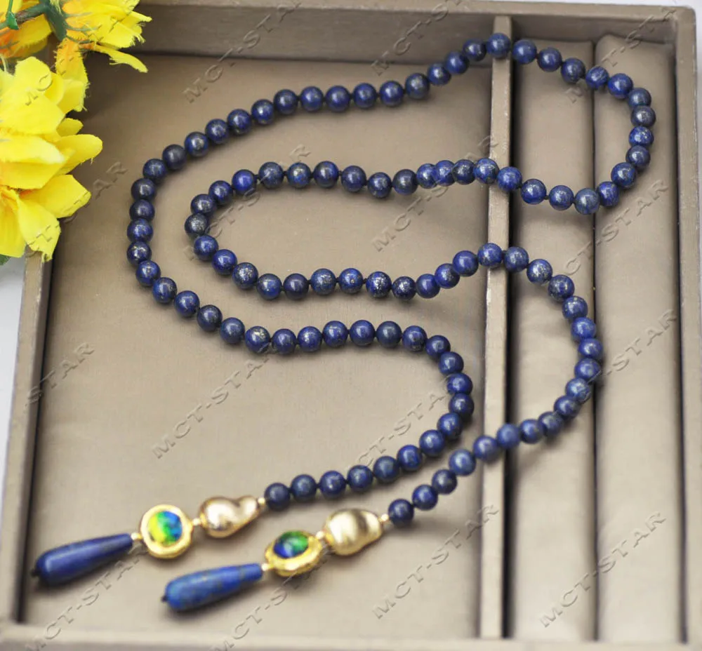 Z13262 39\'\' 28mm Blue Drop Round Lapis-Lazuli Gold-Plated Pearl Necklace Custom Jewelry