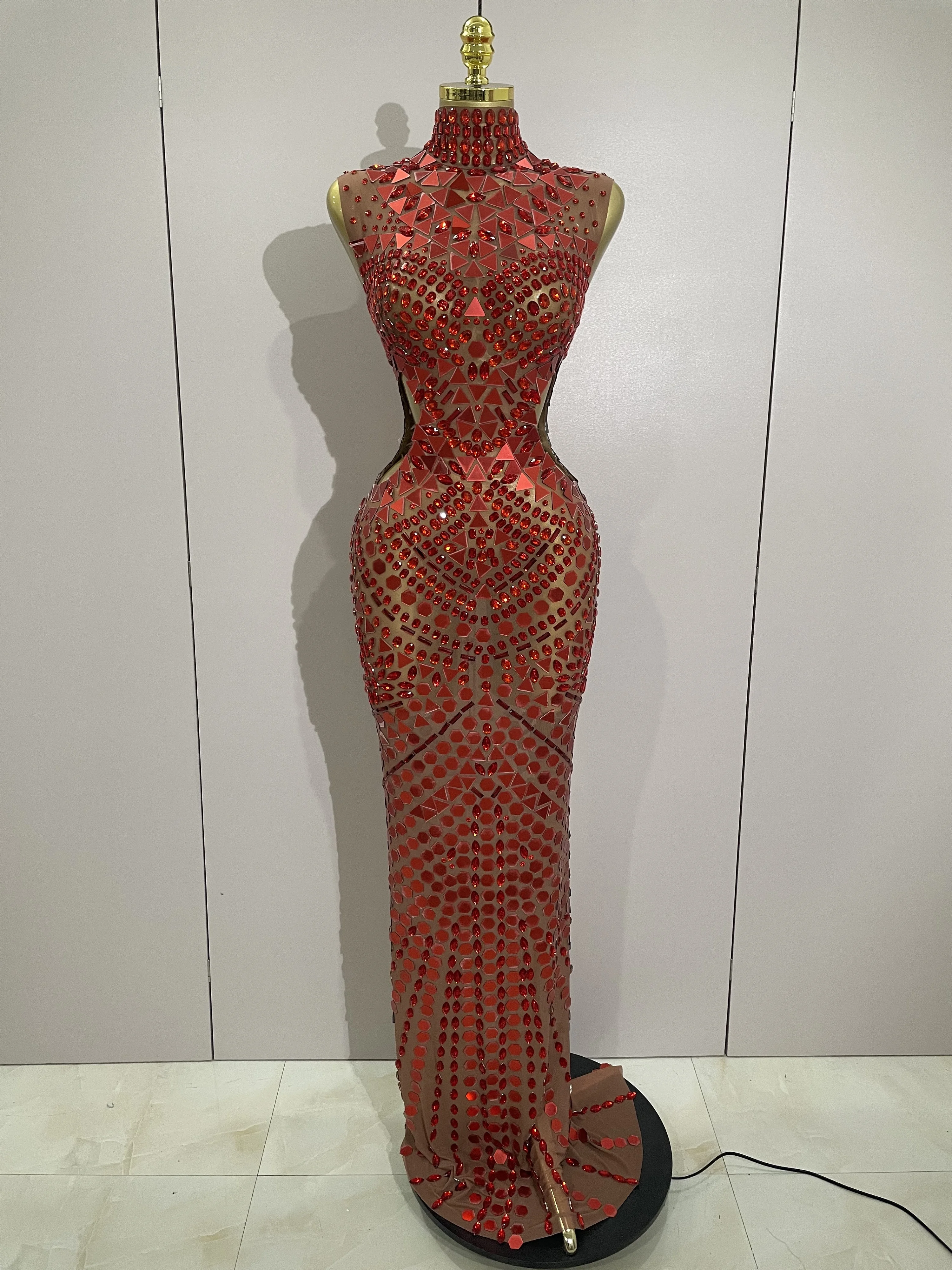 

2025 Shiny Mirror Rhinestones Hollowed-out Long Dress Women Celebrity Evening Luxury Birthday Party Stage Photo Shoot Dresses
