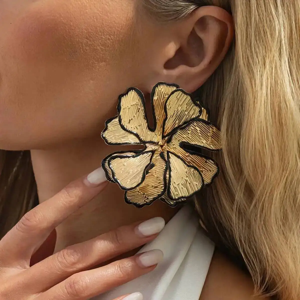 KunJoe Luxury Alloy Gold Color Big Flower Stud Earrings for Women Exaggerated Multi-layer Petal Piercing Earrings Jewelry Gifts
