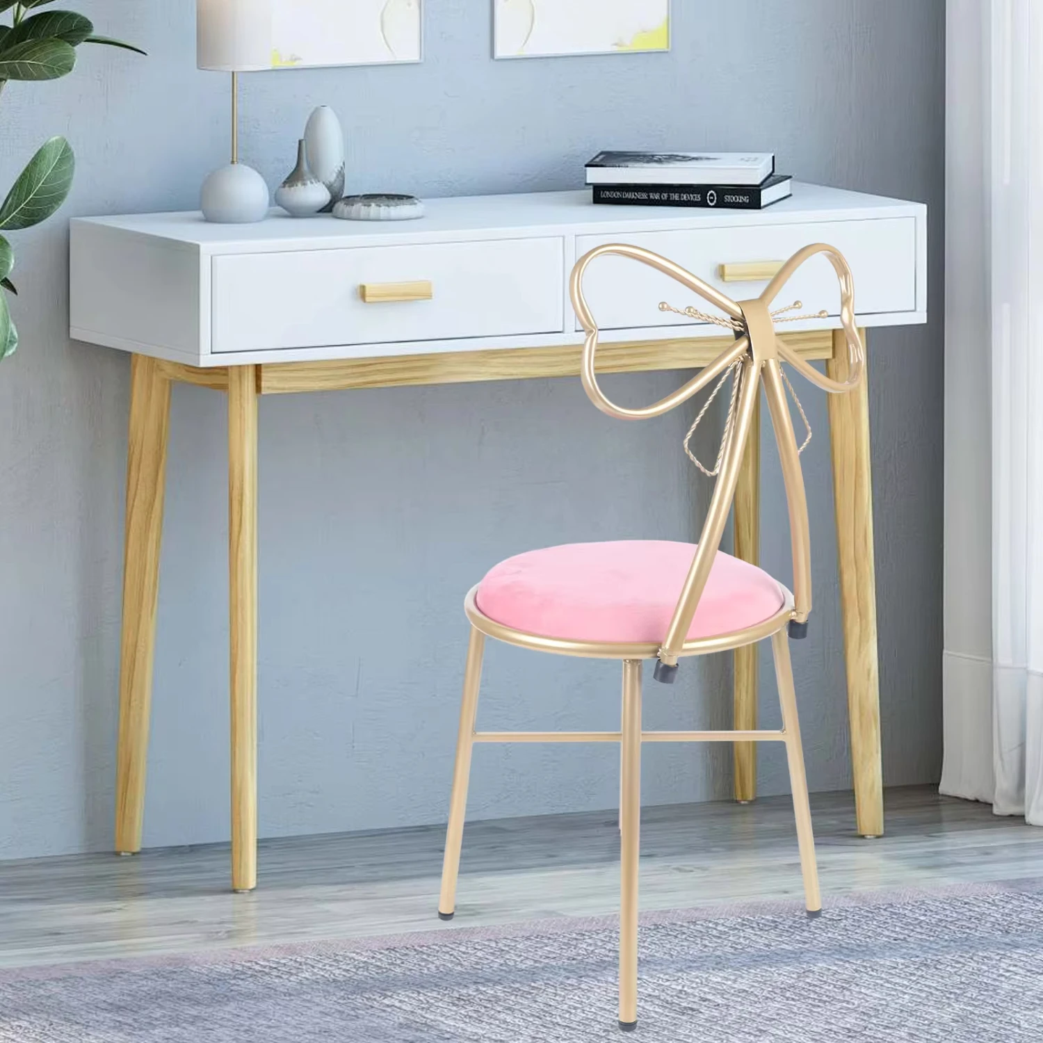 

Golden Backrest Chairs with Pink Velvet Cushion Dressing Table Stools Metal Coffee Shop Bedroom