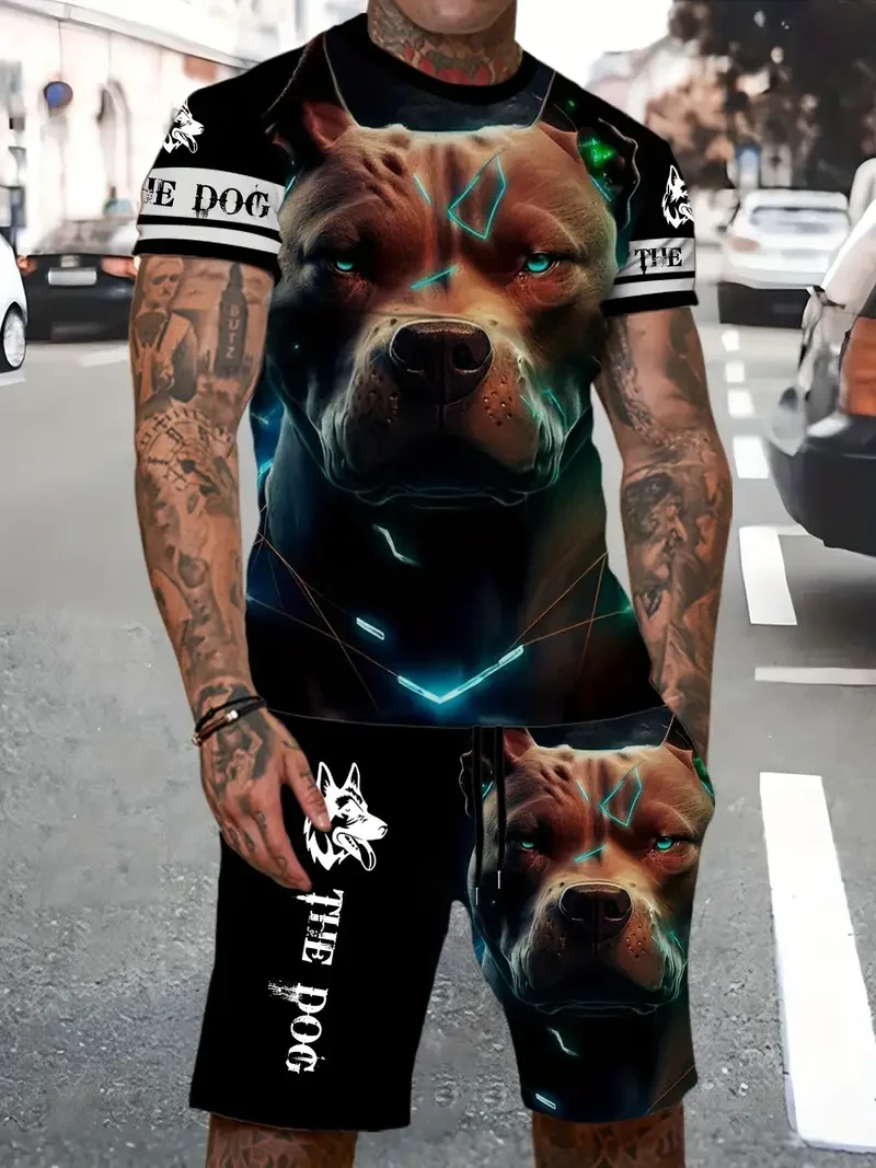 Zomer Heren Dier T-Shirt Set, Nieuwe 3d Dierenprint Set, T-Shirt Short 2-delige Set, Heren Ronde Hals Kleding, Ons Maten Kleding