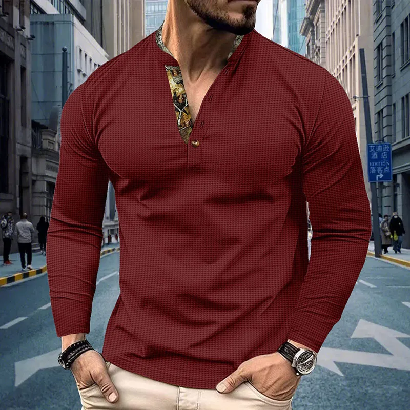 Men's Plus Size Waffle Knit Henley Shirt Long Sleeve Button Down Casual Breathable Polyester Tops for Spring Autumn Streetwear