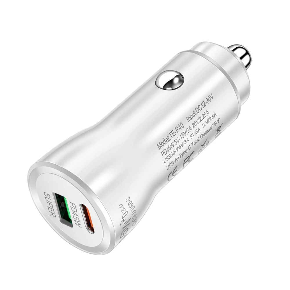 Daily Commuting PD 45W Charger Dual-port Car Charger Black PD 45W Type-C 45W Total Power Simultaneous Charging