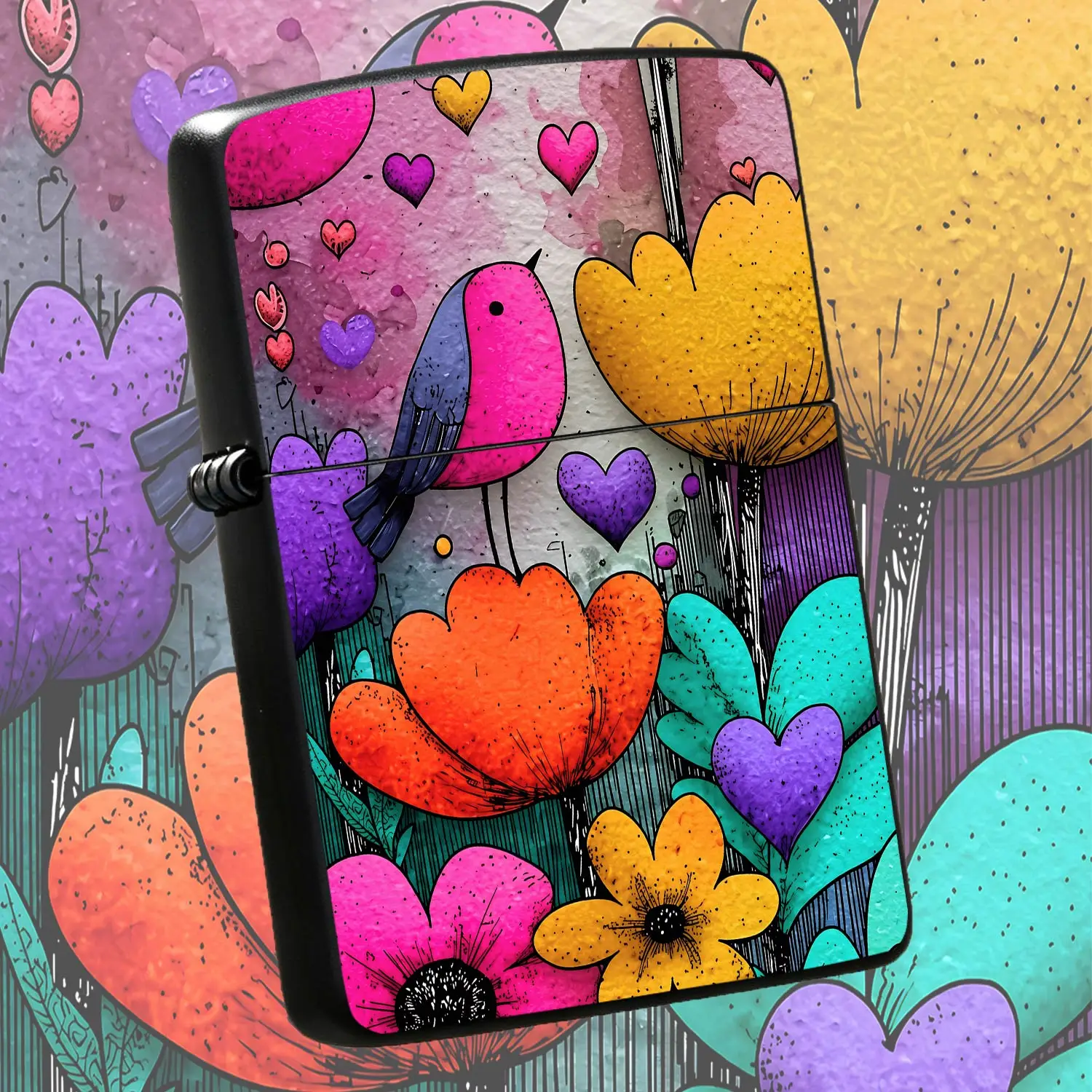 Creative Doodle Style Lighter With Playful Bird Heart And Floral Prints Bright Vibrant Artistic Pattern Delicate Whimsical Decor Accessory Portable Cute Present For All Occasions Ideal Unique Gift For Friends Family Art A Humorous And Inter