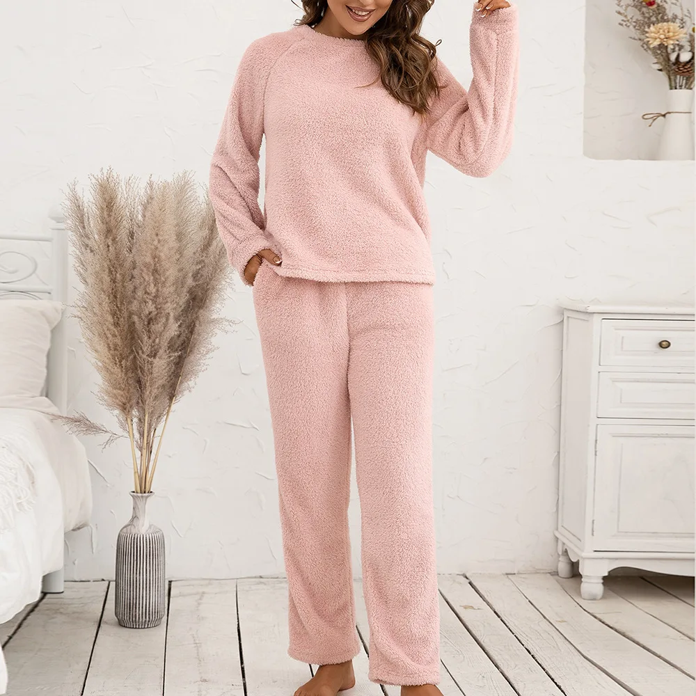 Women Winter Homewear 2 Piece Set Casual Plush Pajamas Sets Fashion Solid Color Long Sleeve Tops And Trousers Fall Home Clothes