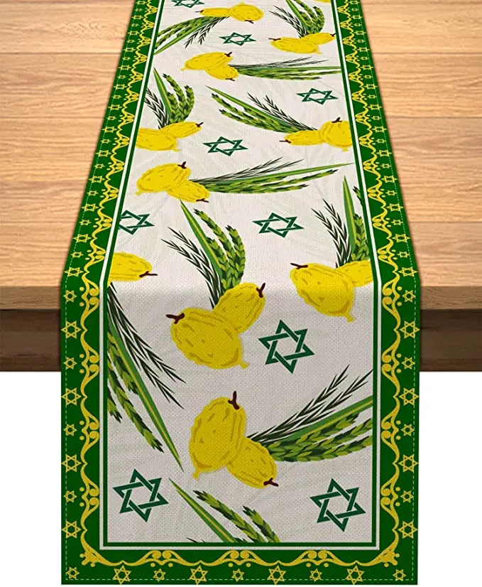 Linen Sukkot Table Runner Hebrew Etrog Lulav Jewish Table Decorations for Souk Kitchen Dining Room Party Decor Table Runner