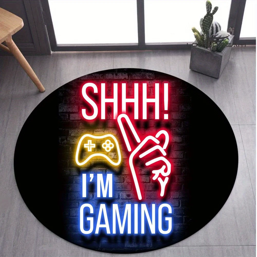 Neon Gaming Round Area Rug, Non Slip Machine Washable Floor Mat for Bedroom and Living Room, Controller Graphics Home Decor