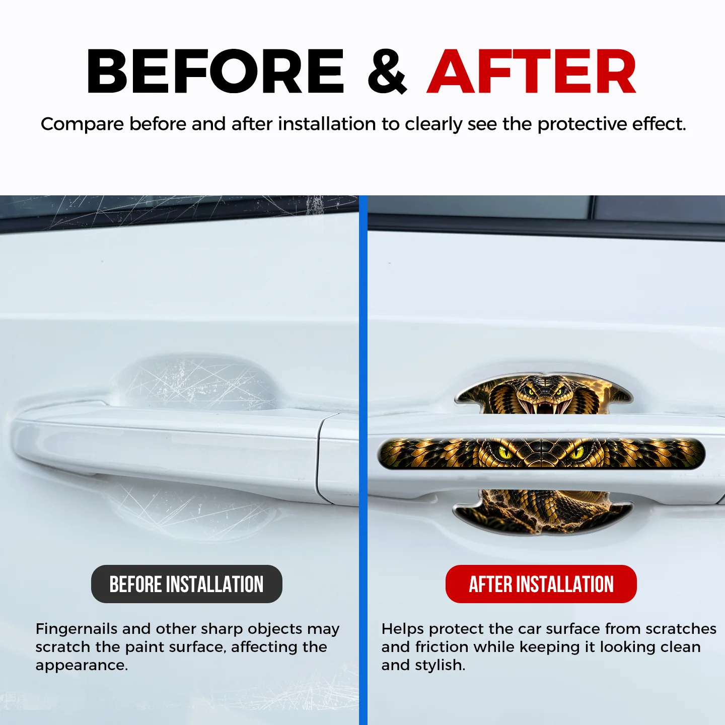 King Cobra Snake 3D Epoxy Resin Car Door Handle Protector Stickers Door Cup Bowl Scratch Guards Reptile Art Exterior Accessories