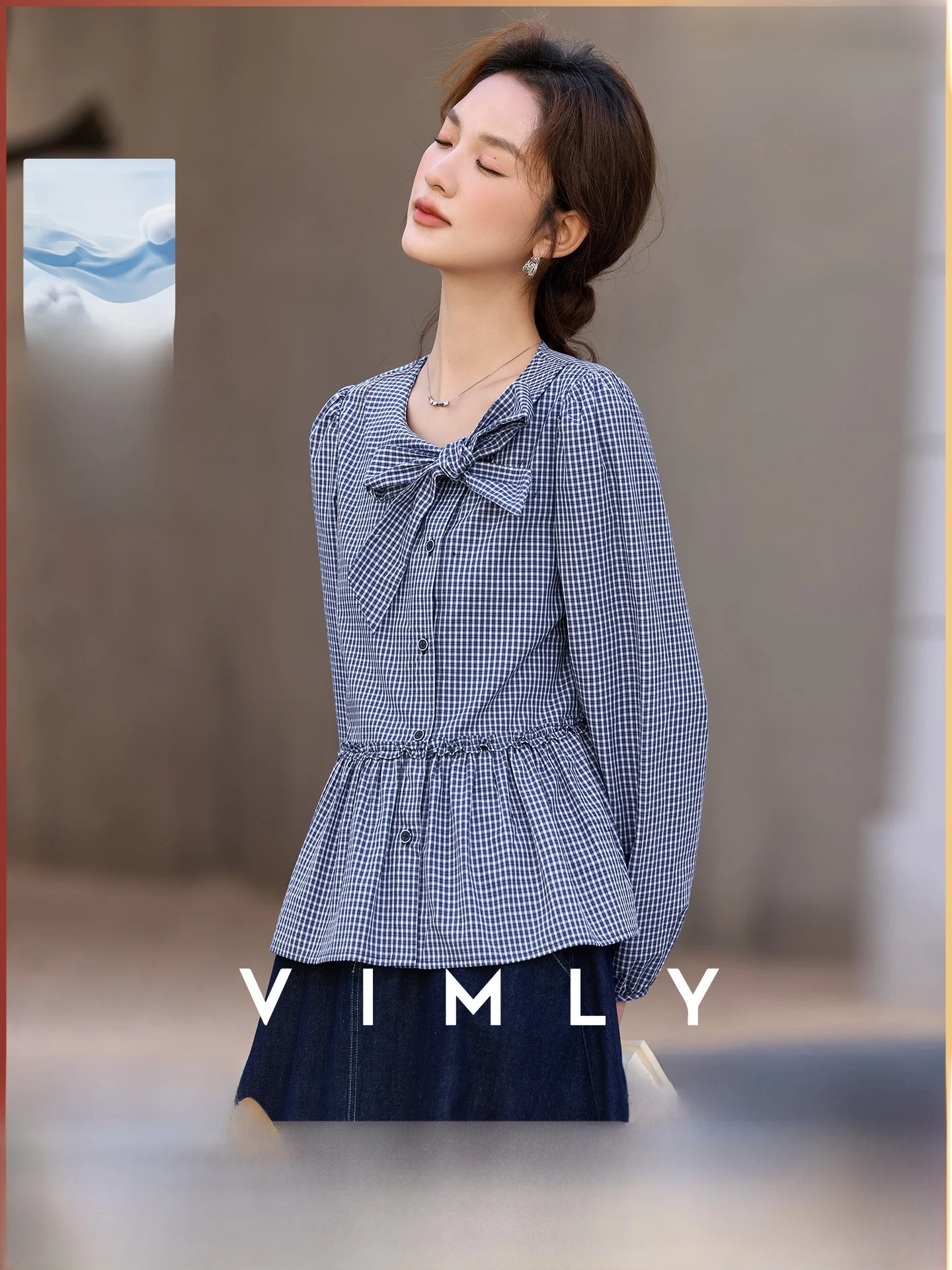 

Faionable Plaid Pure Cotton irt Women's Spring 2026 New Sle Knot round Ne Long Sve Top Casual Fit