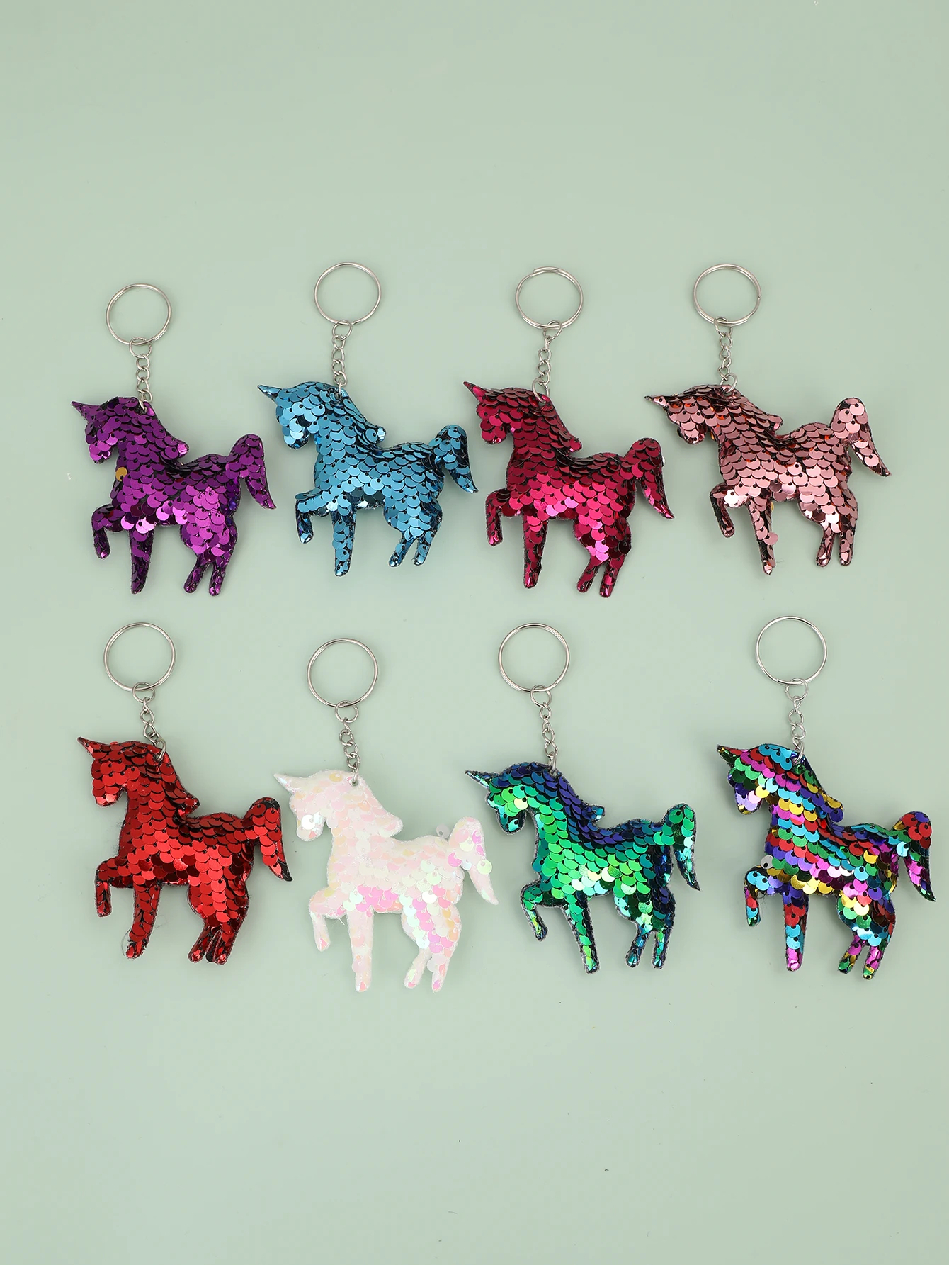 8pcs Cute Horses Glitter Sequins Charm Keychain Fashion Cartoon Colorful Bag Key Chain Ornament Purse Charm Accessories