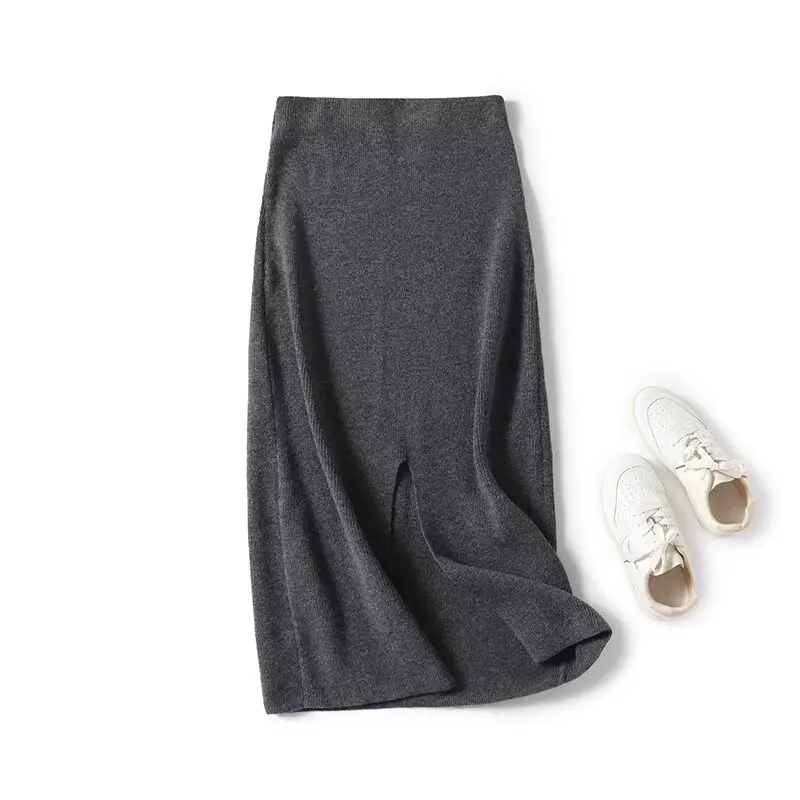 Tangada 2024 Chic Women Elegant Gray Knitted Skirt Strethy Waist Midi Skirts 4C0118