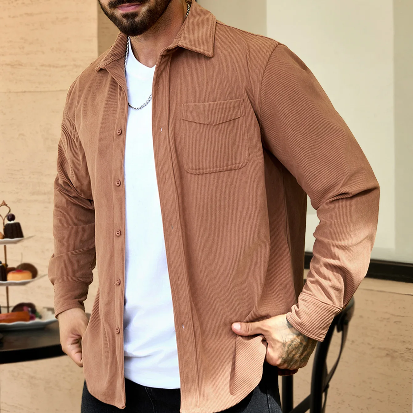 

Men's Corduroy Long Sleeve Shirt, Oversized Layering Design, Autumn Winter, Brown Khaki Army Green​ Outdoor Work Jacket