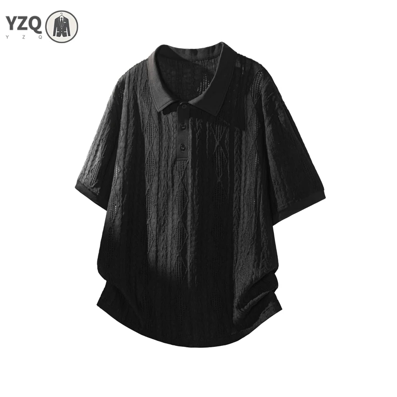 Mens Rhombus Textured Polo Top Short Sleeve Lapel Neck Button Detail Loose Fit For Outdoor Leisure And Travel Outfit