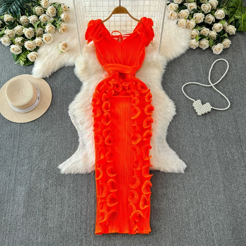 

Banquet Party Dress High-End Light Luxury Niche Pleated Three-Dimensional Ruffle Edge Long Dress for Women