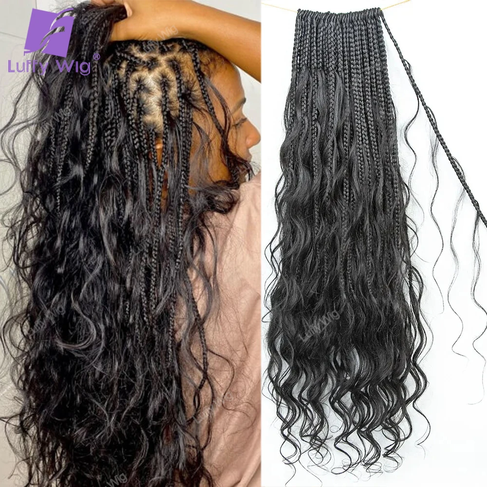 Boho Box Braids Crochet Human Hair Curly Ends Knotless Pre-looped Synthetic Braid Human Hair Body Wave Braiding Hair Extensions