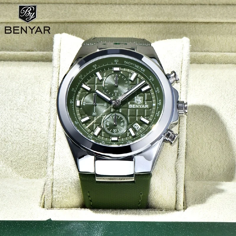 BENYAR 5206 Elegant Classic Fashion New Men's Watch Quartz Luminous Chronograph Waterproof Calendar Leather Men's Business Watch